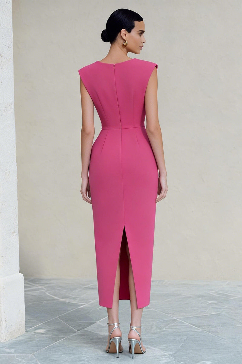 Load image into Gallery viewer, Hot Pink V-Neck Ruched Long Pencil Work Dress with Slit