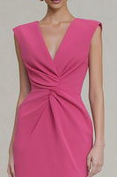 Load image into Gallery viewer, Hot Pink V-Neck Ruched Long Pencil Work Dress with Slit