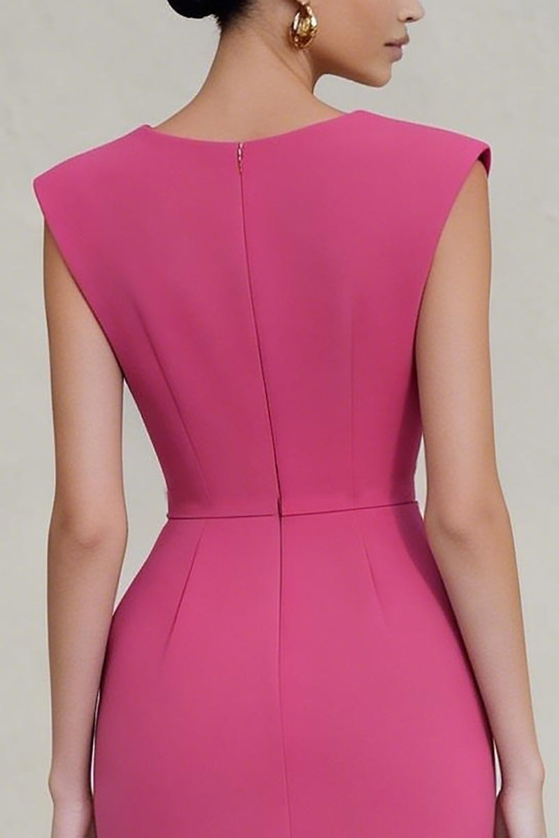 Load image into Gallery viewer, Hot Pink V-Neck Ruched Long Pencil Work Dress with Slit
