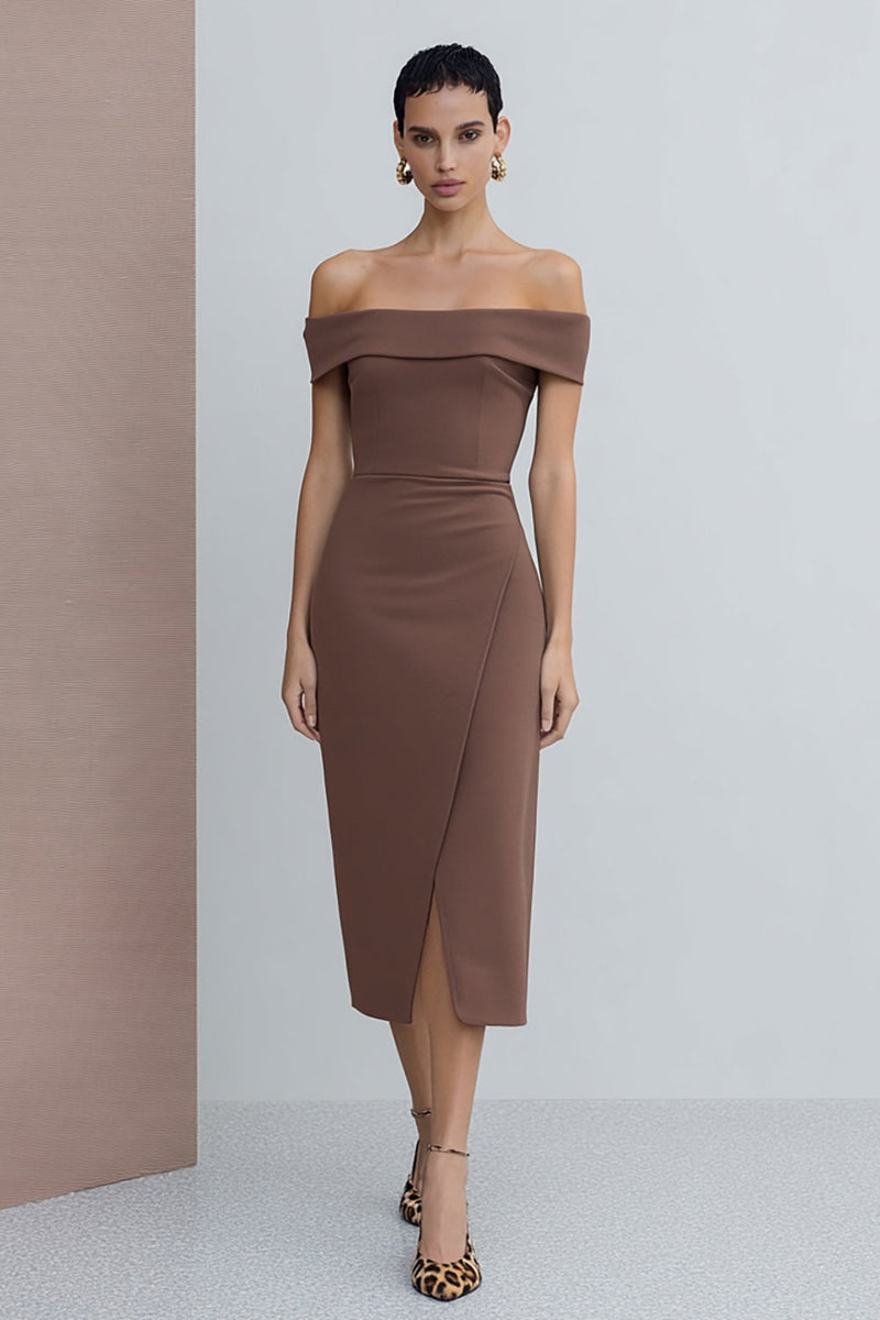 Load image into Gallery viewer, Off the Shoulder Brown Pencil Midi Work Dress with Slit