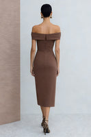 Load image into Gallery viewer, Off the Shoulder Brown Pencil Midi Work Dress with Slit