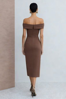 Off the Shoulder Brown Pencil Midi Work Dress with Slit