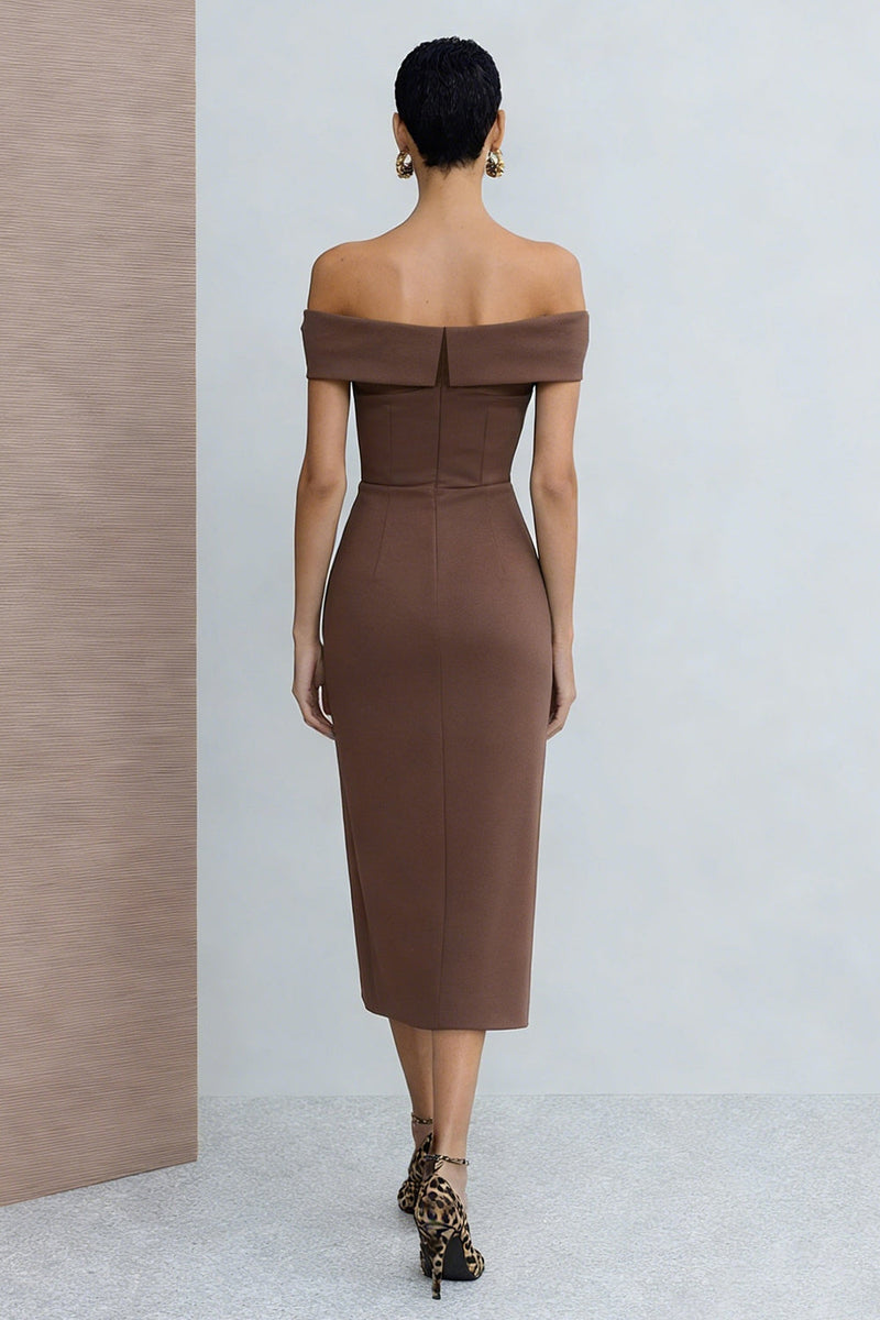 Load image into Gallery viewer, Off the Shoulder Brown Pencil Midi Work Dress with Slit