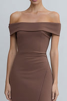 Load image into Gallery viewer, Off the Shoulder Brown Pencil Midi Work Dress with Slit