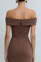 Load image into Gallery viewer, Off the Shoulder Brown Pencil Midi Work Dress with Slit