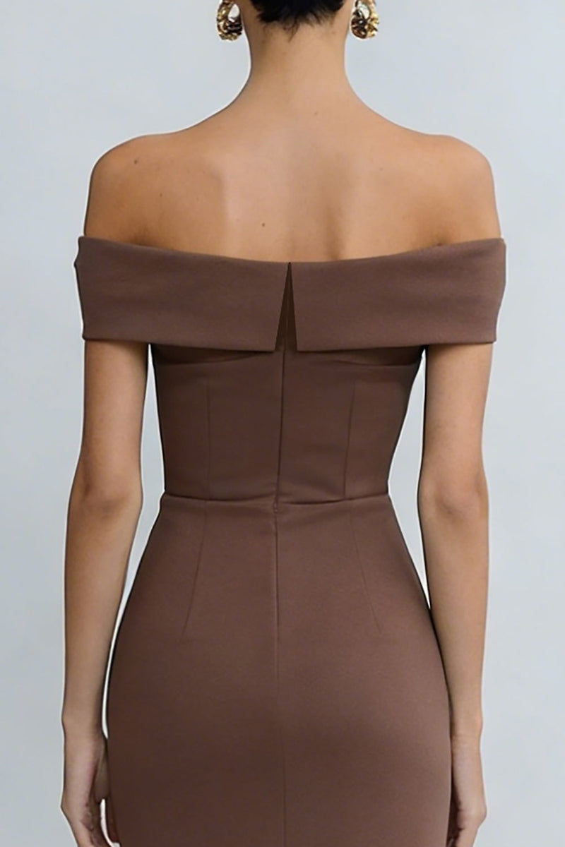 Load image into Gallery viewer, Off the Shoulder Brown Pencil Midi Work Dress with Slit