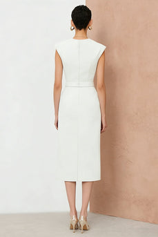 V-Neck White Pencil Midi Work Dress with Belt