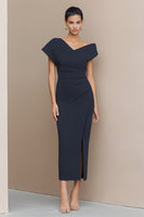 Load image into Gallery viewer, Asymmetrical Neck Navy Pencil Ruched Long Work Dress