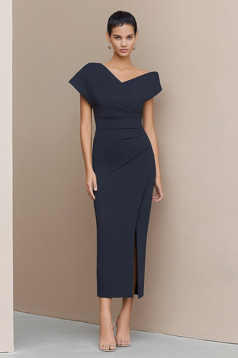 Load image into Gallery viewer, Asymmetrical Neck Navy Pencil Ruched Long Work Dress