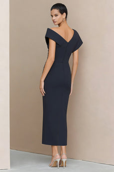Asymmetrical Neck Navy Pencil Ruched Long Work Dress