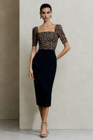 Load image into Gallery viewer, Black and Brown Leopard Print Square Neck Midi Work Dress