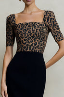 Load image into Gallery viewer, Black and Brown Leopard Print Square Neck Midi Work Dress