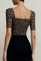 Load image into Gallery viewer, Black and Brown Leopard Print Square Neck Midi Work Dress