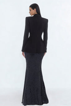 2 Piece Black Mermaid Polka Dots Peak Lapel Long Business Suits