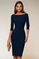 Load image into Gallery viewer, Navy Bodycon Boat Neck Midi Work Dress with Slit