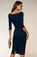 Load image into Gallery viewer, Navy Bodycon Boat Neck Midi Work Dress with Slit
