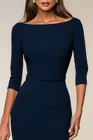 Load image into Gallery viewer, Navy Bodycon Boat Neck Midi Work Dress with Slit