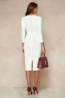 Pencil Ivory V Neck Midi Work Dress with Slit