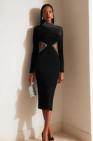 Load image into Gallery viewer, Sparkly Black Cut Out High Neck Pencil Midi Work Dress with Slit