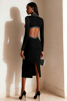 Sparkly Black Cut Out High Neck Pencil Midi Work Dress with Slit