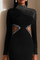 Load image into Gallery viewer, Sparkly Black Cut Out High Neck Pencil Midi Work Dress with Slit