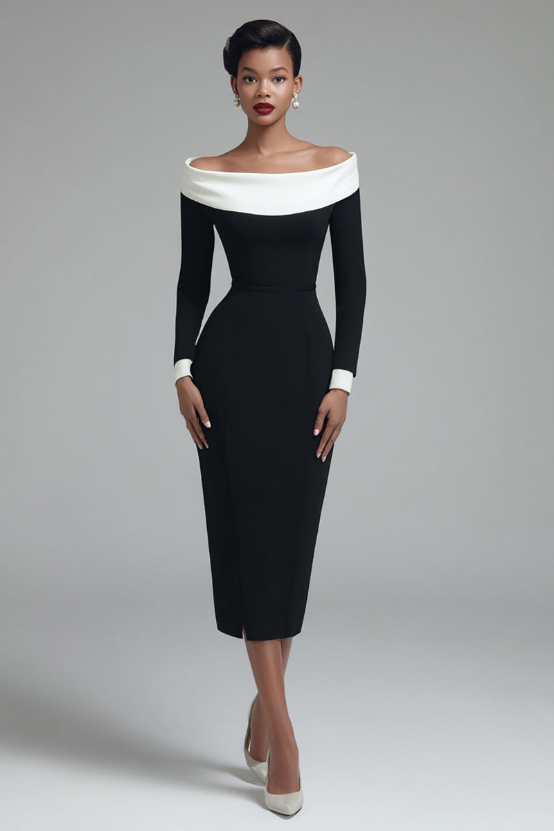 Load image into Gallery viewer, Black Bodycon Off the Shoulder Midi Work Dress with Slit