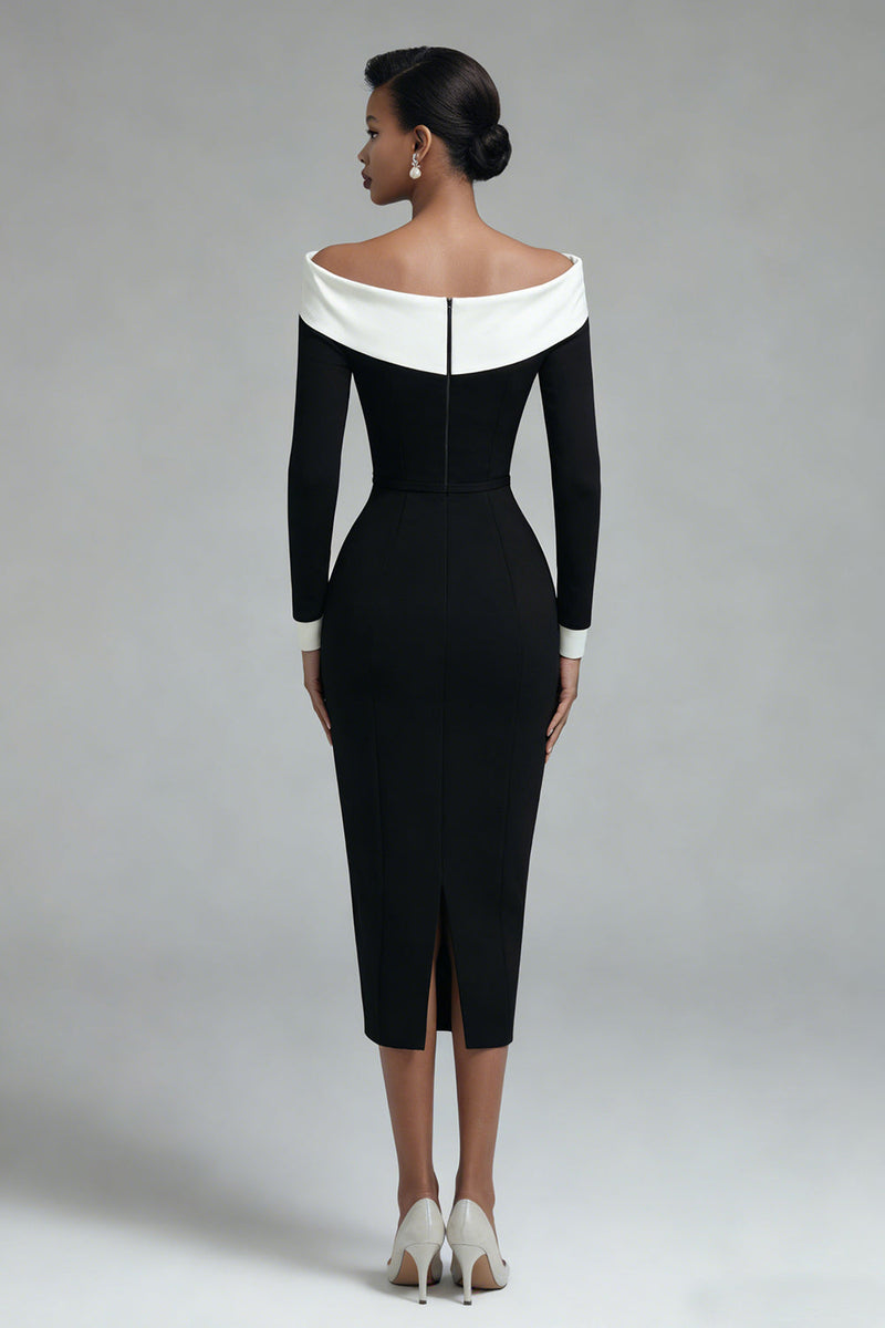 Load image into Gallery viewer, Black Bodycon Off the Shoulder Midi Work Dress with Slit