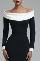 Load image into Gallery viewer, Black Bodycon Off the Shoulder Midi Work Dress with Slit