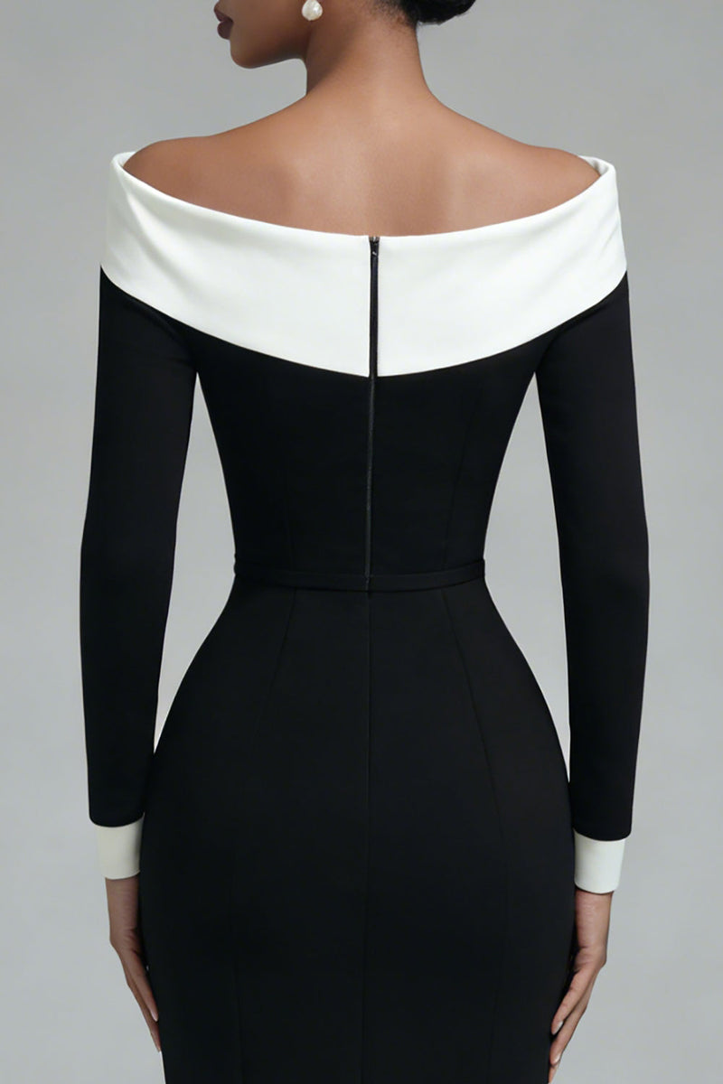 Load image into Gallery viewer, Black Bodycon Off the Shoulder Midi Work Dress with Slit