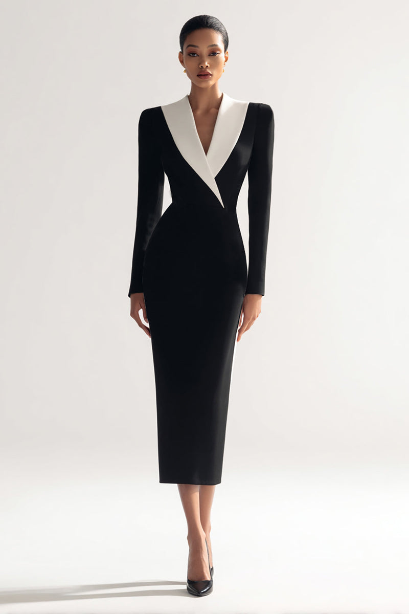 Load image into Gallery viewer, Black Bodycon Shawl Lapel Midi Blazer Dress with Slit