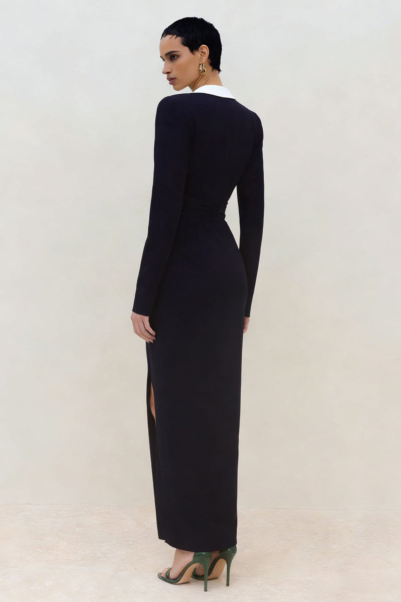 Load image into Gallery viewer, Black Peak Lapel Sheath Ruched Long Blazer Dress with Slit
