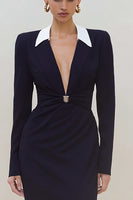 Load image into Gallery viewer, Black Peak Lapel Sheath Ruched Long Blazer Dress with Slit