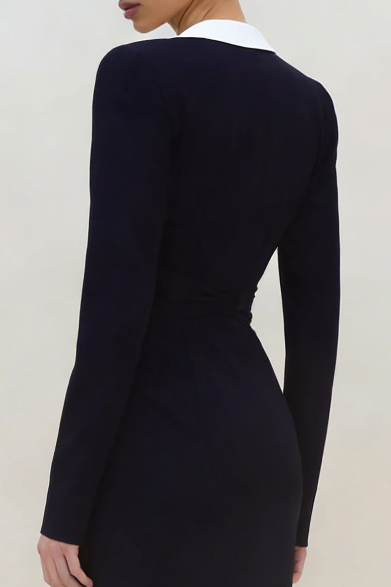 Load image into Gallery viewer, Black Peak Lapel Sheath Ruched Long Blazer Dress with Slit
