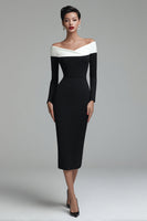 Load image into Gallery viewer, Black Off the Shoulder Midi Pencil Work Dress with Sleeves