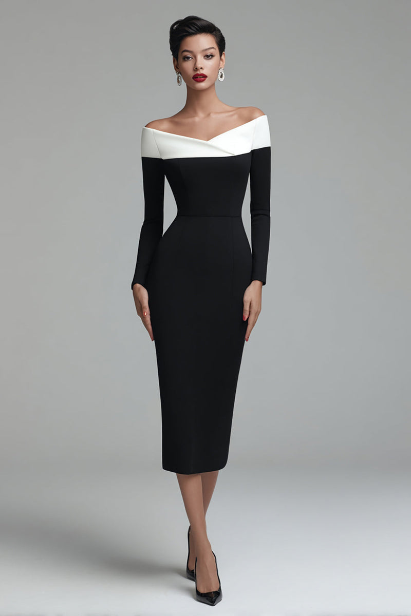 Load image into Gallery viewer, Black Off the Shoulder Midi Pencil Work Dress with Sleeves