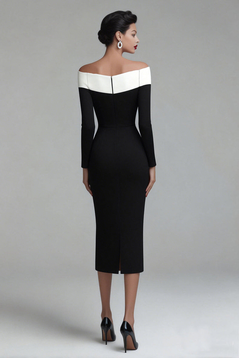 Load image into Gallery viewer, Black Off the Shoulder Midi Pencil Work Dress with Sleeves