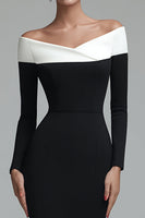 Load image into Gallery viewer, Black Off the Shoulder Midi Pencil Work Dress with Sleeves