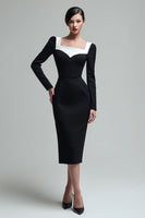 Load image into Gallery viewer, Bodycon Black Square Neck Long Sleeves Midi Work Dress with Slit