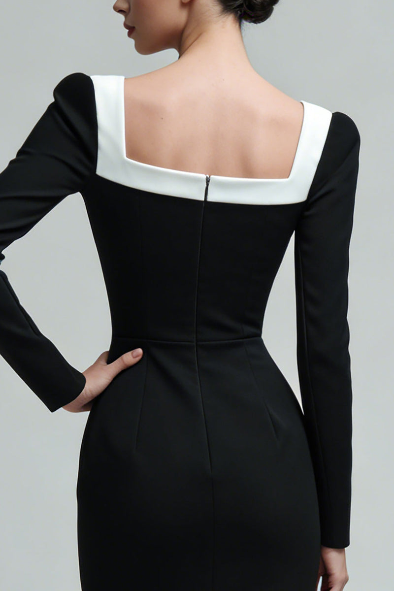 Load image into Gallery viewer, Bodycon Black Square Neck Long Sleeves Midi Work Dress with Slit