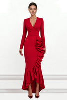 Load image into Gallery viewer, Red V Neck Mermaid Asymmetrical Ruffled Formal Dress with Sleeves