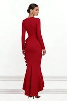 Load image into Gallery viewer, Red V Neck Mermaid Asymmetrical Ruffled Formal Dress with Sleeves