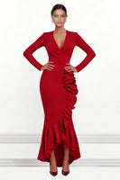 Load image into Gallery viewer, Red V Neck Mermaid Asymmetrical Ruffled Formal Dress with Sleeves