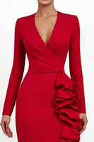Load image into Gallery viewer, Red V Neck Mermaid Asymmetrical Ruffled Formal Dress with Sleeves