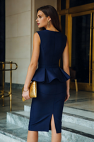 Load image into Gallery viewer, Navy Bodycon Round Neck Midi Work Dress with Ruffles