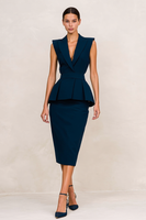 Load image into Gallery viewer, Peak Lapel Navy Ruffled V Neck Bodycon Midi Blazer Dress with Slit