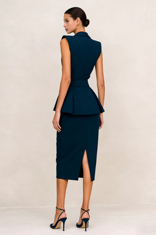 Peak Lapel Navy Ruffled V Neck Bodycon Midi Blazer Dress with Slit