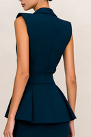 Load image into Gallery viewer, Peak Lapel Navy Ruffled V Neck Bodycon Midi Blazer Dress with Slit