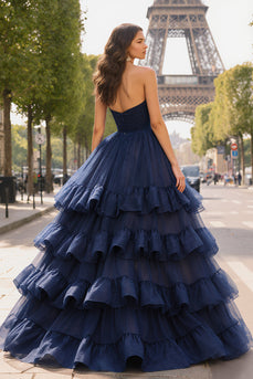 Navy A Line Sweetheart Ruffled Long Prom Dress with Slit