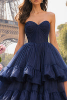 Load image into Gallery viewer, Navy A Line Sweetheart Ruffled Long Prom Dress with Slit