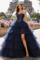 Load image into Gallery viewer, Sparkly Navy Sweetheart Tulle Beaded Long Prom Dress with Slit